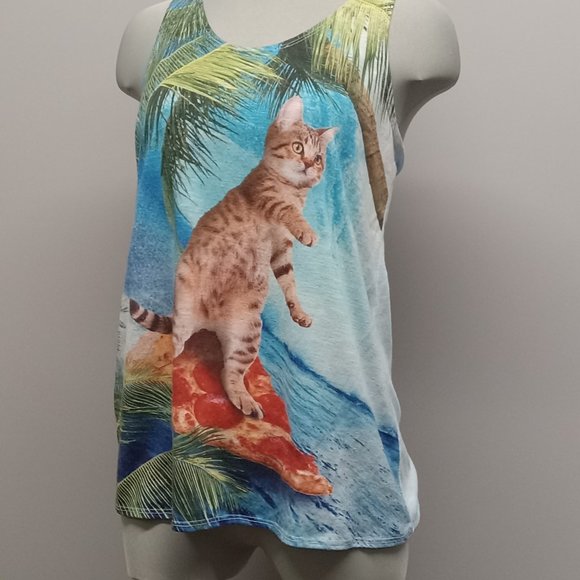 Bear Dance cat beach island print racerback blue tank sz M see desc - Picture 2 of 4